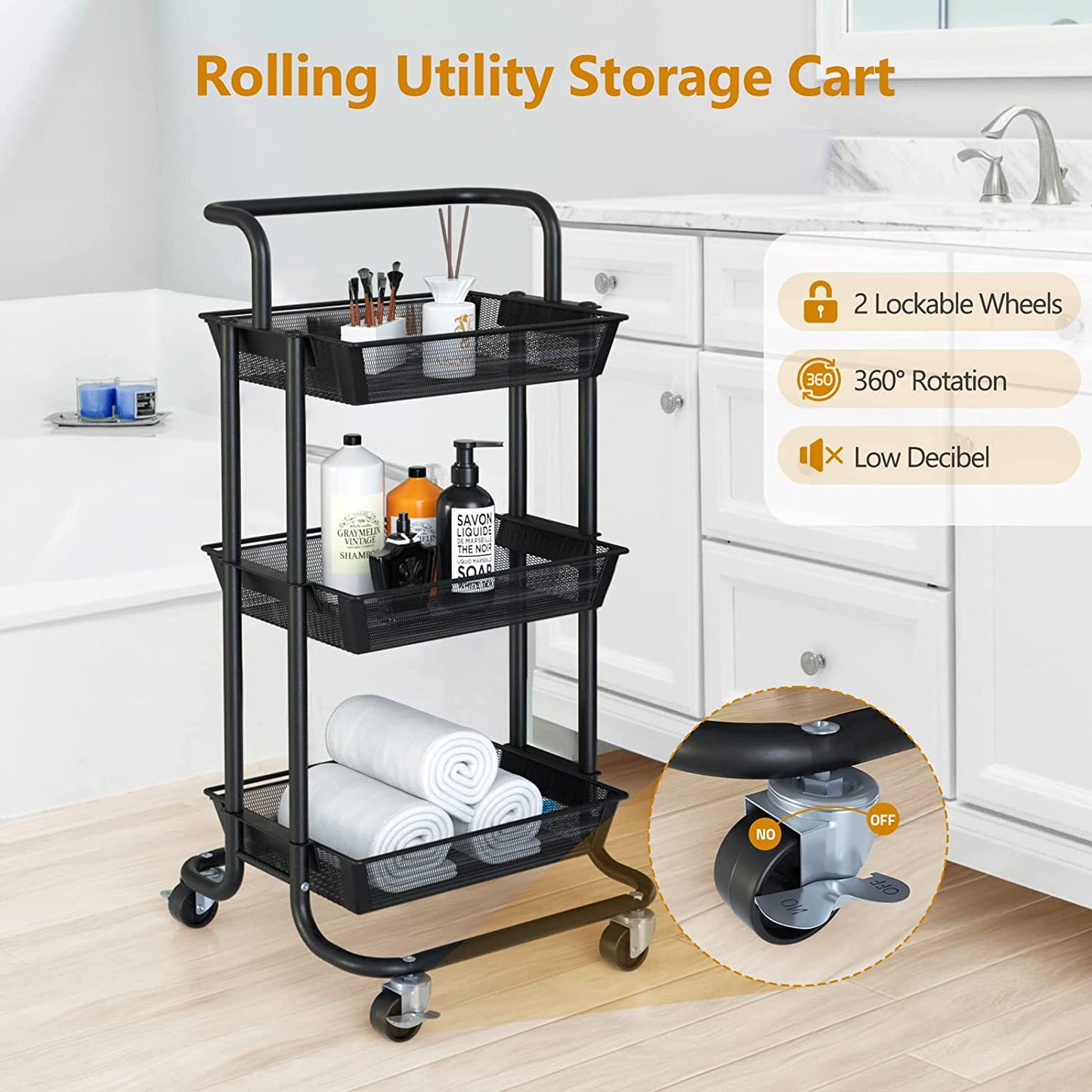 Utility Cart, Heavy Duty 3 Tier Rolling Cart on Wheels, All Metal Storage Cart with Removable Handles, Easy Assembly Mesh Trolley Cart (Matte Black)