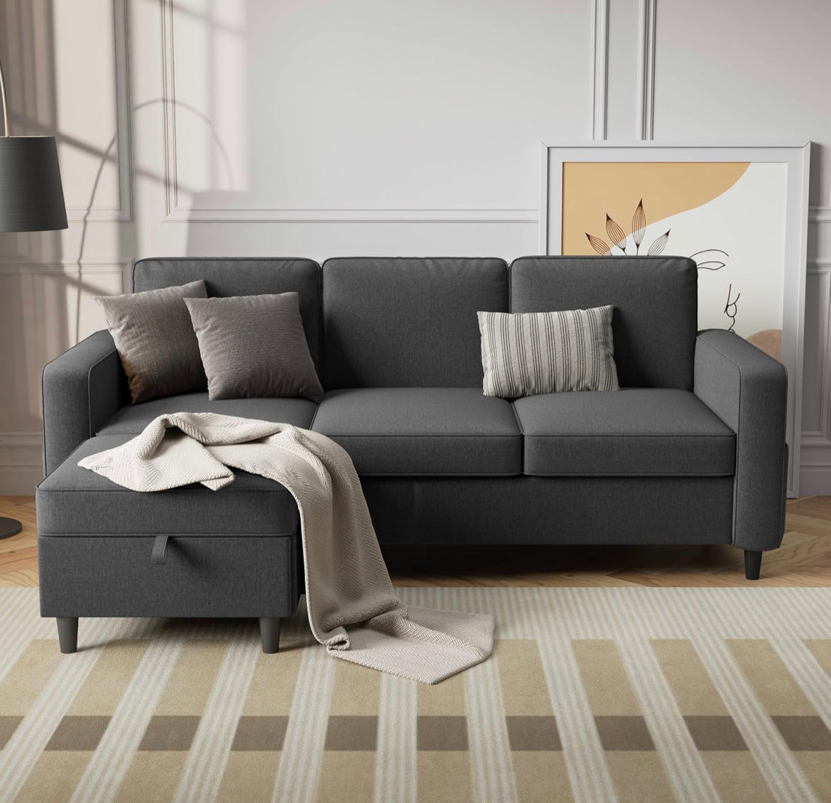 Sectional Sofa Couches for Living Room - 78'' Dark Grey 3 Seat L-Shaped Couch with Storage Ottoman, Modern Linen Convertible Sectionals Sofas with Chaise for Apartment, Office, Small Space