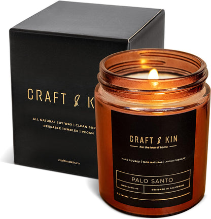 Craft and Kin Candle, Premium Christmas Scented Candles for Men & Women, Palo Santo Candles, Candle, Soy Candles for Home Scented, 8 Oz 45 Hour Burn, Holiday Candles for Home in Amber Jar