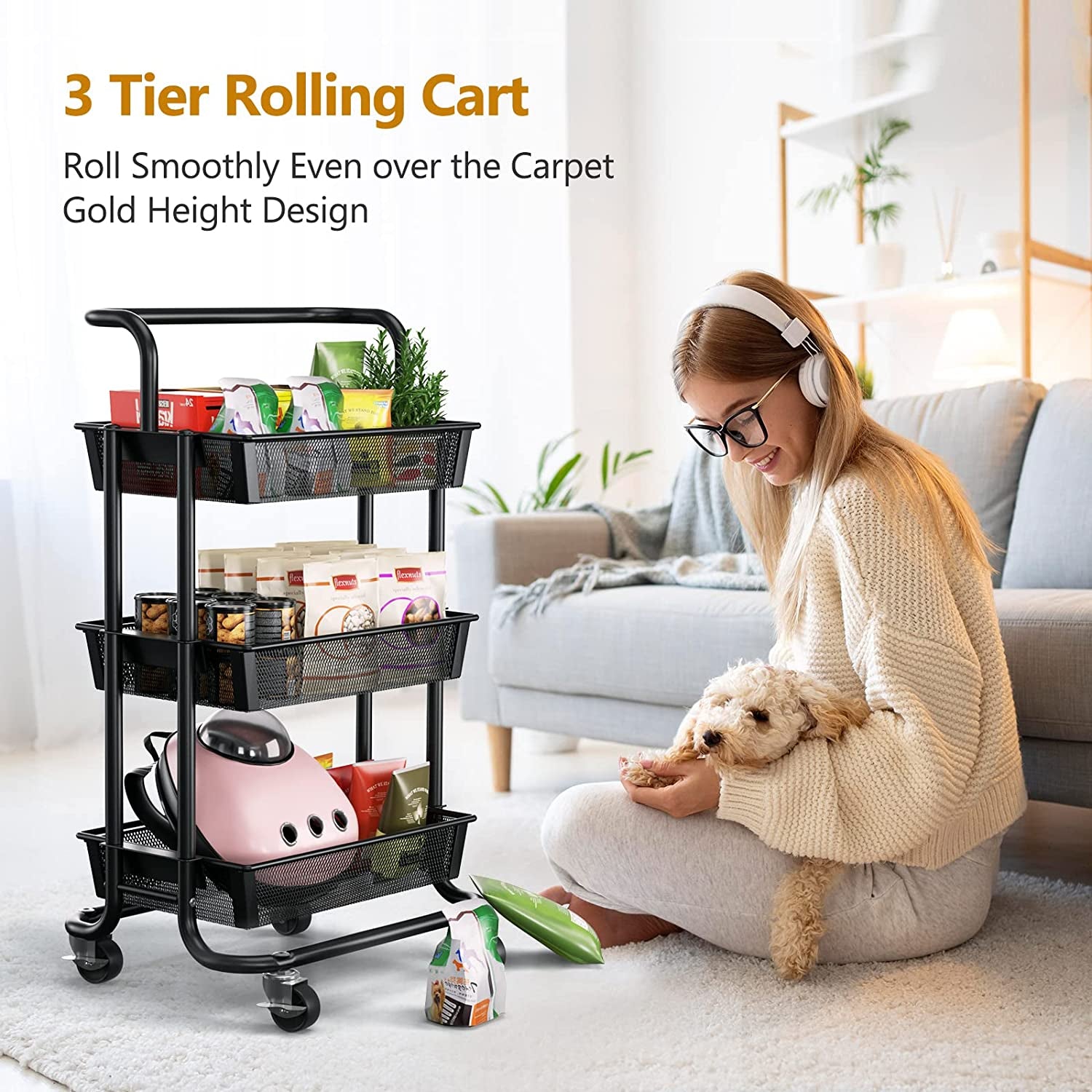 Utility Cart, Heavy Duty 3 Tier Rolling Cart on Wheels, All Metal Storage Cart with Removable Handles, Easy Assembly Mesh Trolley Cart (Matte Black)