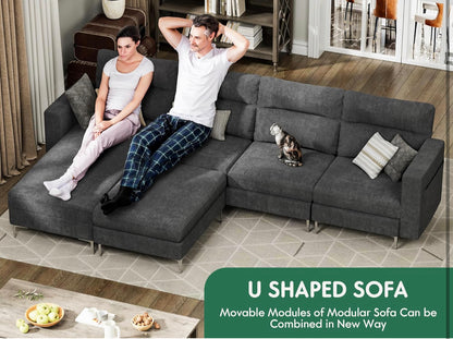 Convertible Sectional Sofa Modular Couch with Upholstered Chair and Moveable Ottoman, L-Shaped, 6 Seats, for Living Room, Dark Grey