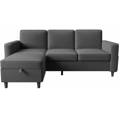 Sectional Sofa Couches for Living Room - 78'' Dark Grey 3 Seat L-Shaped Couch with Storage Ottoman, Modern Linen Convertible Sectionals Sofas with Chaise for Apartment, Office, Small Space