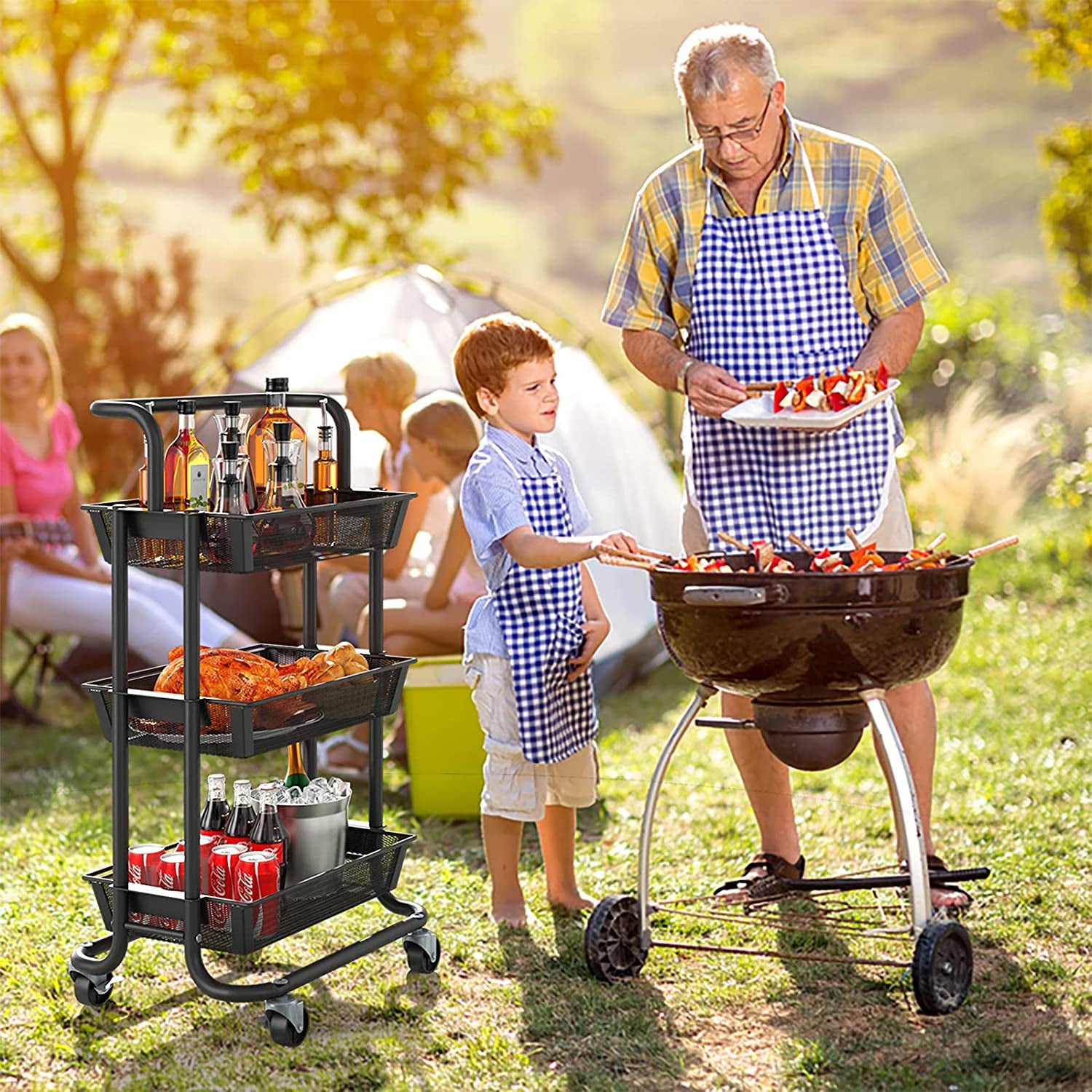 Utility Cart, Heavy Duty 3 Tier Rolling Cart on Wheels, All Metal Storage Cart with Removable Handles, Easy Assembly Mesh Trolley Cart (Matte Black)