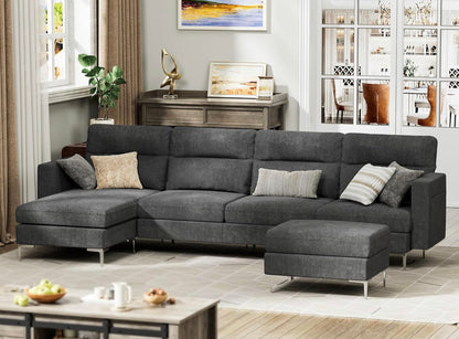 Convertible Sectional Sofa Modular Couch with Upholstered Chair and Moveable Ottoman, L-Shaped, 6 Seats, for Living Room, Dark Grey