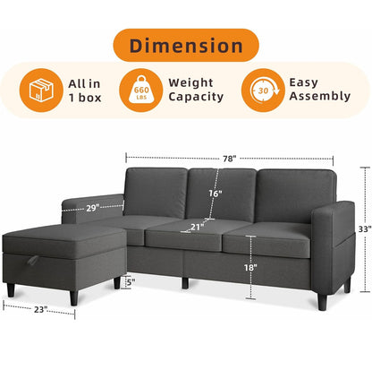 Sectional Sofa Couches for Living Room - 78'' Dark Grey 3 Seat L-Shaped Couch with Storage Ottoman, Modern Linen Convertible Sectionals Sofas with Chaise for Apartment, Office, Small Space