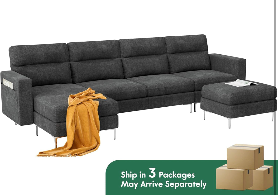 Convertible Sectional Sofa Modular Couch with Upholstered Chair and Moveable Ottoman, L-Shaped, 6 Seats, for Living Room, Dark Grey