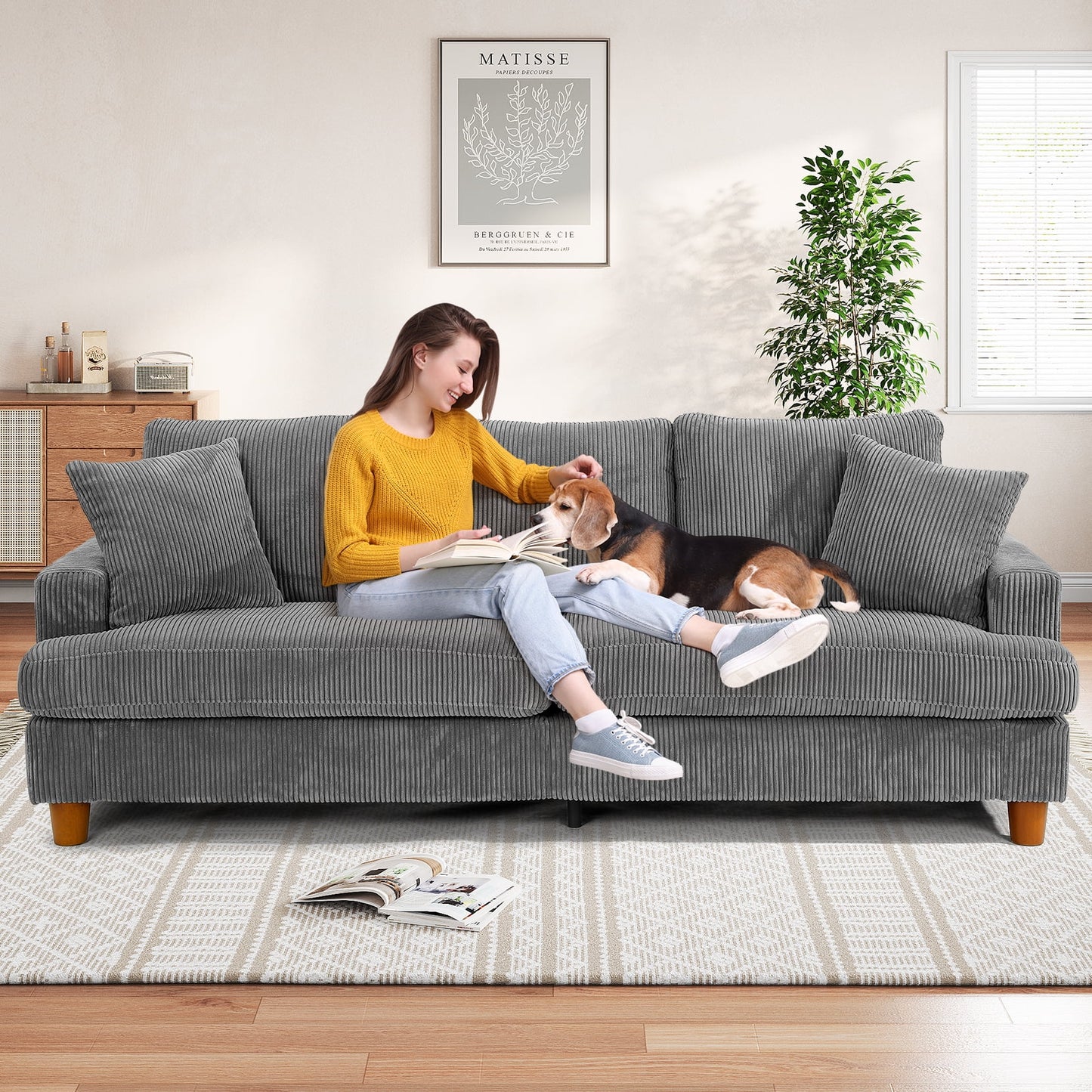 Corduroy Sofa 3 Seater Extra Deep Seats Couch for Living Room, Gray