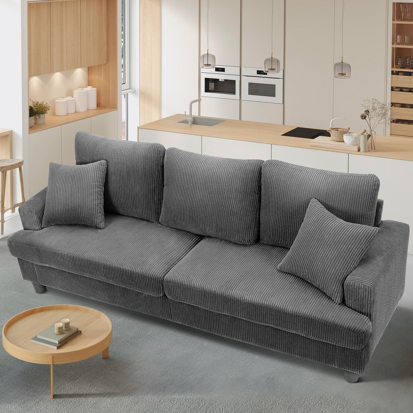 Corduroy Sofa 3 Seater Extra Deep Seats Couch for Living Room, Gray